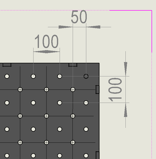 Diagonaler Lochraster D16 mit zusätzlichen versetzten Bohrungen im 50- und 100-mm-Raster
