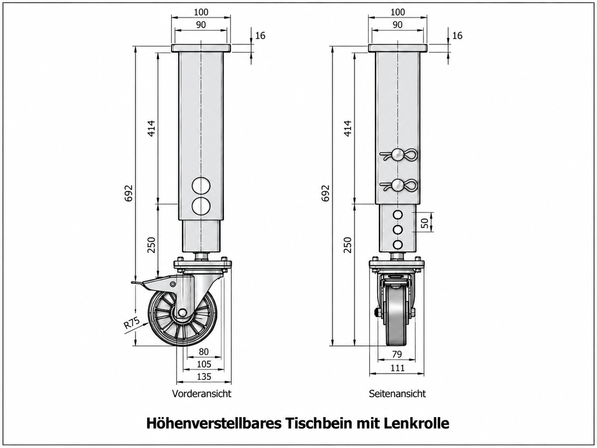 Technische Zeichnung höhenverstellbares Schweißtischbein mit Lenkrolle und Adapterplatte