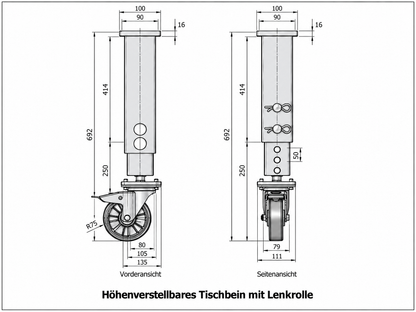 Technische Zeichnung höhenverstellbares Schweißtischbein mit Lenkrolle und Adapterplatte