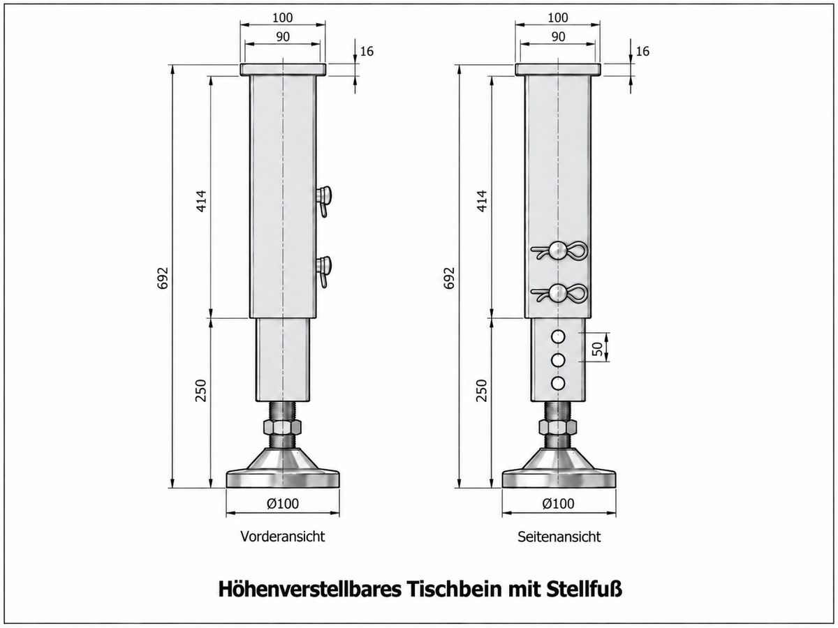 Technische Zeichnung höhenverstellbares Schweißtischbein mit Stellfuß