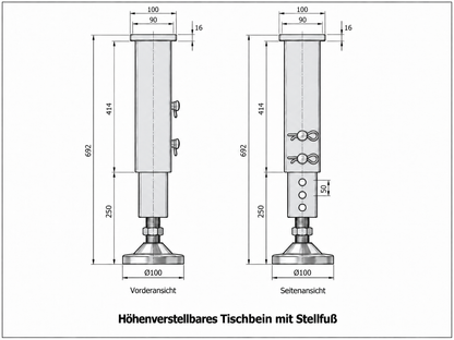 Technische Zeichnung höhenverstellbares Schweißtischbein mit Stellfuß